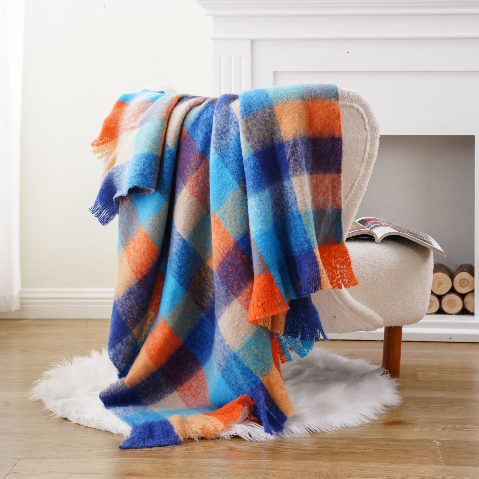 Multi-Blue Mohair Plaid Blanket